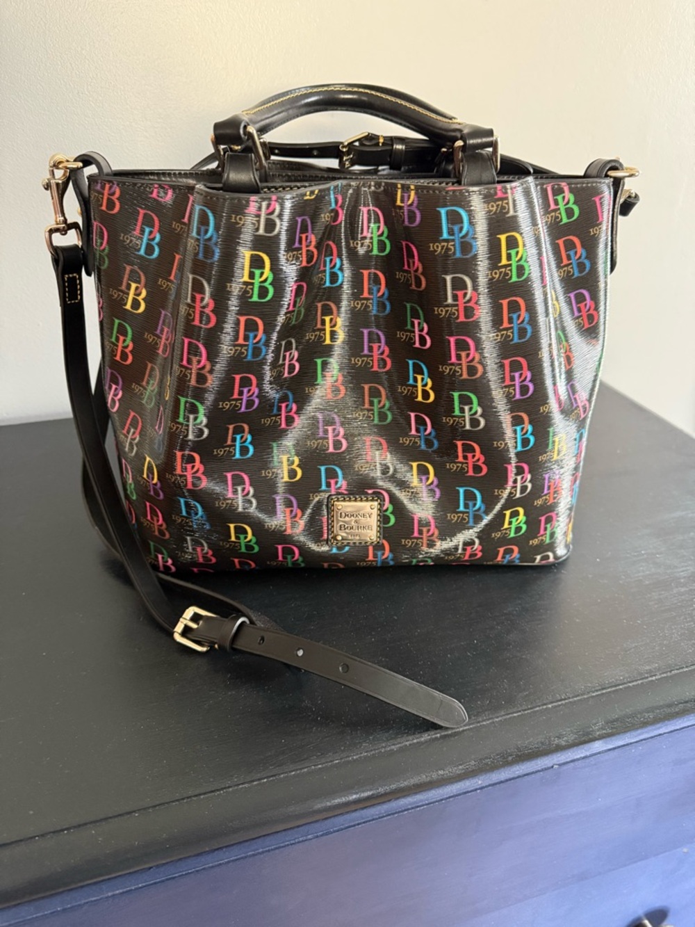 Dooney & Bourke Black Satchel with Multicolor DB Logo Print